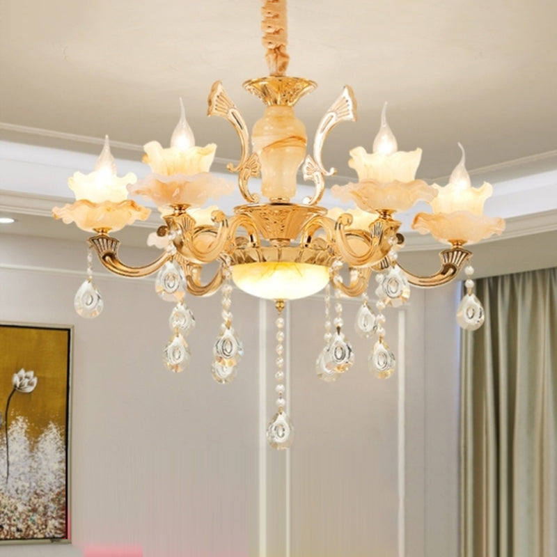 Gouden bloemenschaduw kroonluchter licht retro glas woonkamer hanglamp lamp met hangende kristal