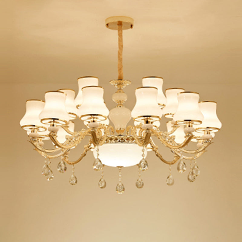Klassieke Bud Chandelier Lighting White Glass Hanglamp met kristalafgraden voor woonkamer
