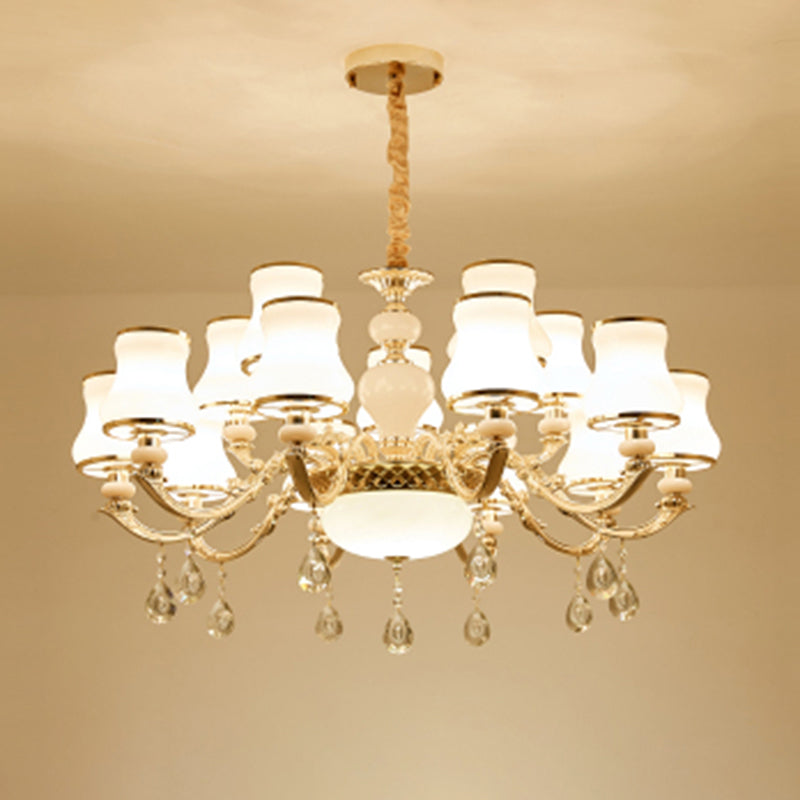 Klassieke Bud Chandelier Lighting White Glass Hanglamp met kristalafgraden voor woonkamer