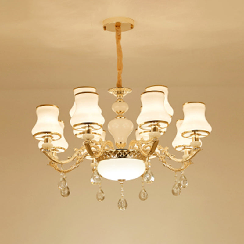 Klassieke Bud Chandelier Lighting White Glass Hanglamp met kristalafgraden voor woonkamer