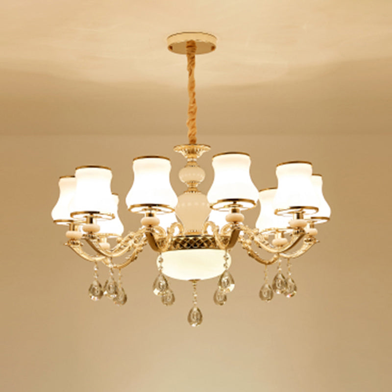 Klassieke Bud Chandelier Lighting White Glass Hanglamp met kristalafgraden voor woonkamer