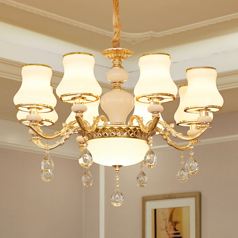 Klassieke Bud Chandelier Lighting White Glass Hanglamp met kristalafgraden voor woonkamer