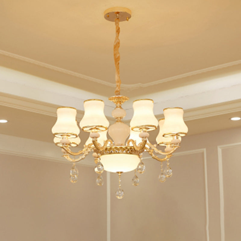 Klassieke Bud Chandelier Lighting White Glass Hanglamp met kristalafgraden voor woonkamer