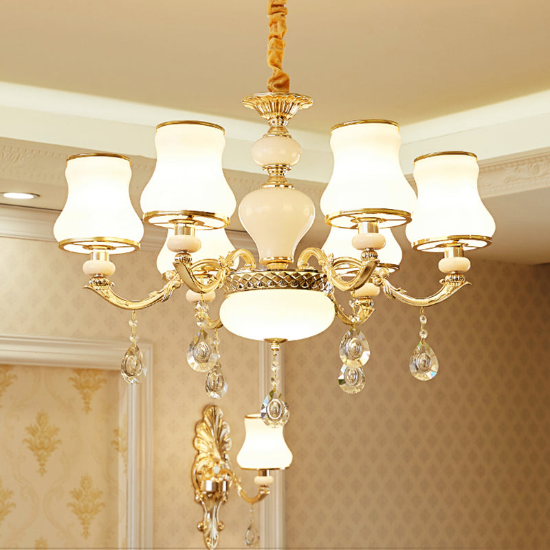 Klassieke Bud Chandelier Lighting White Glass Hanglamp met kristalafgraden voor woonkamer