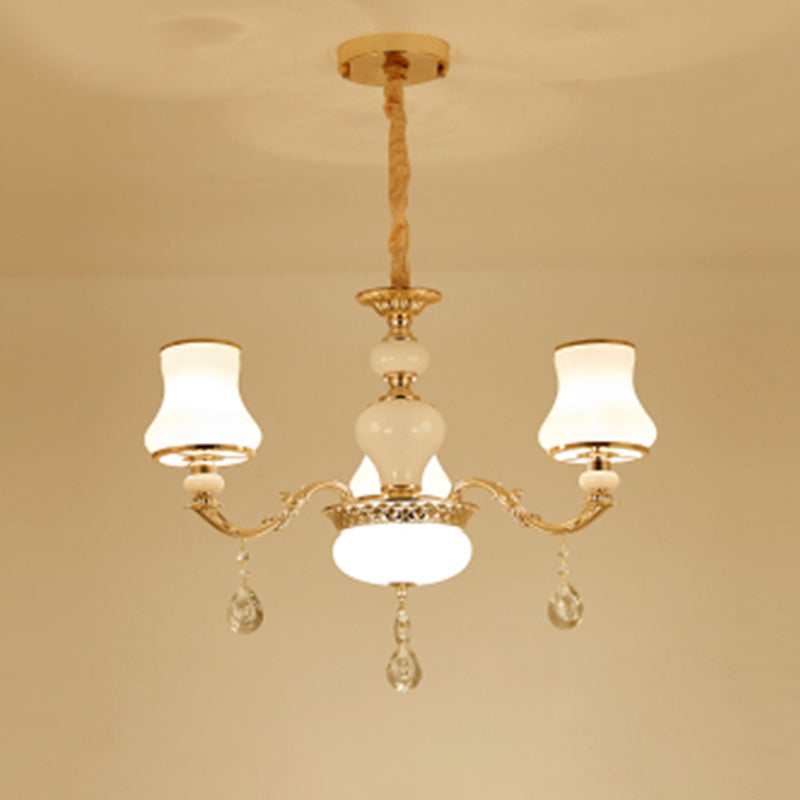 Klassieke Bud Chandelier Lighting White Glass Hanglamp met kristalafgraden voor woonkamer