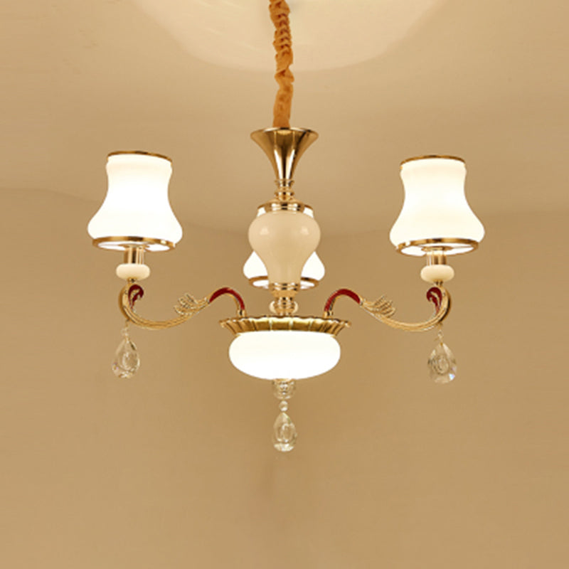 White Glass Bud Ceiling Lighting Traditional Living Room Chandelier Light Fixture with Crystal Draping