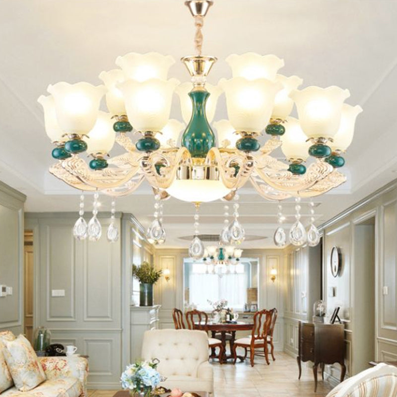 Traditional Ruffle Bell Suspension Light Cream Glass Chandelier Light with Hanging Crystal in Green