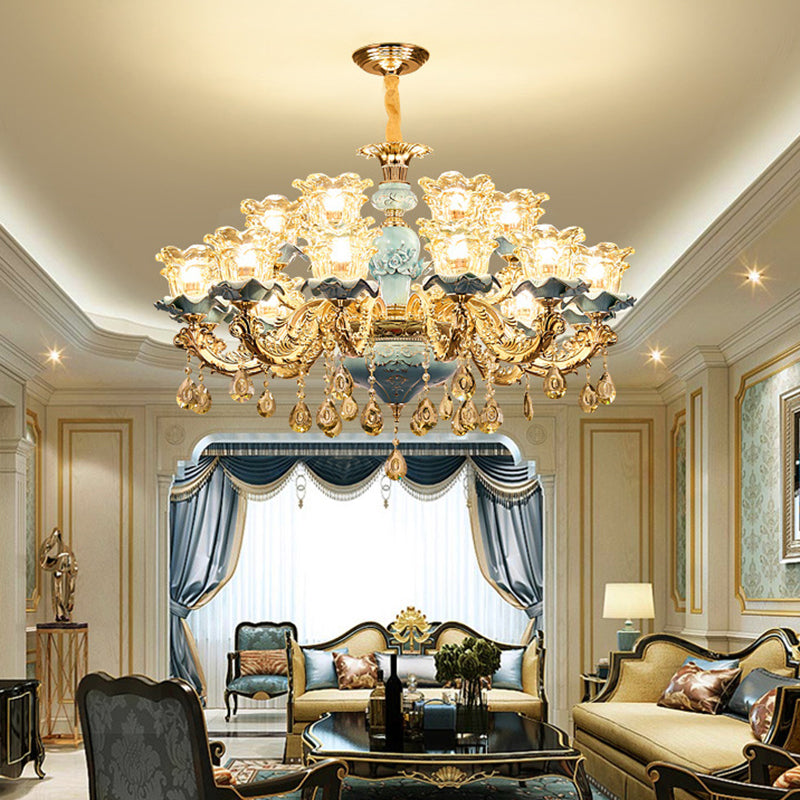 Iluminación de techo de sala de estar acampanado lámpara de lámpara azul de vidrio volante tradicional con acento de cristal