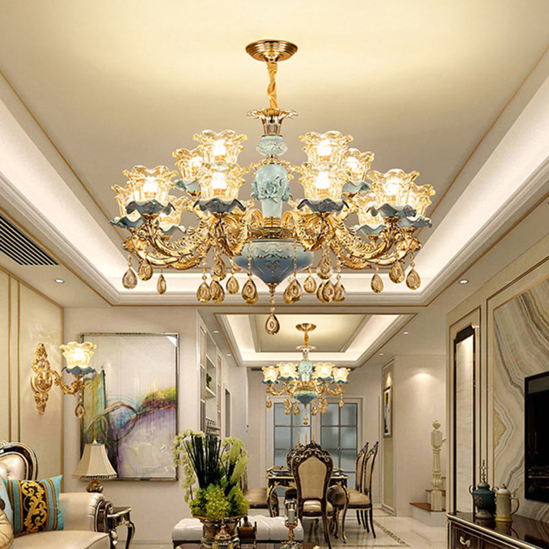 Iluminación de techo de sala de estar acampanado lámpara de lámpara azul de vidrio volante tradicional con acento de cristal