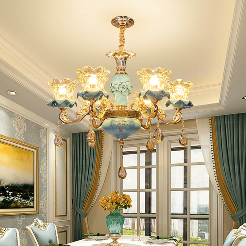 Handblown Glass Blue Chandelier Light Ruffle Flower Retro Pendant Light with Crystal Draping