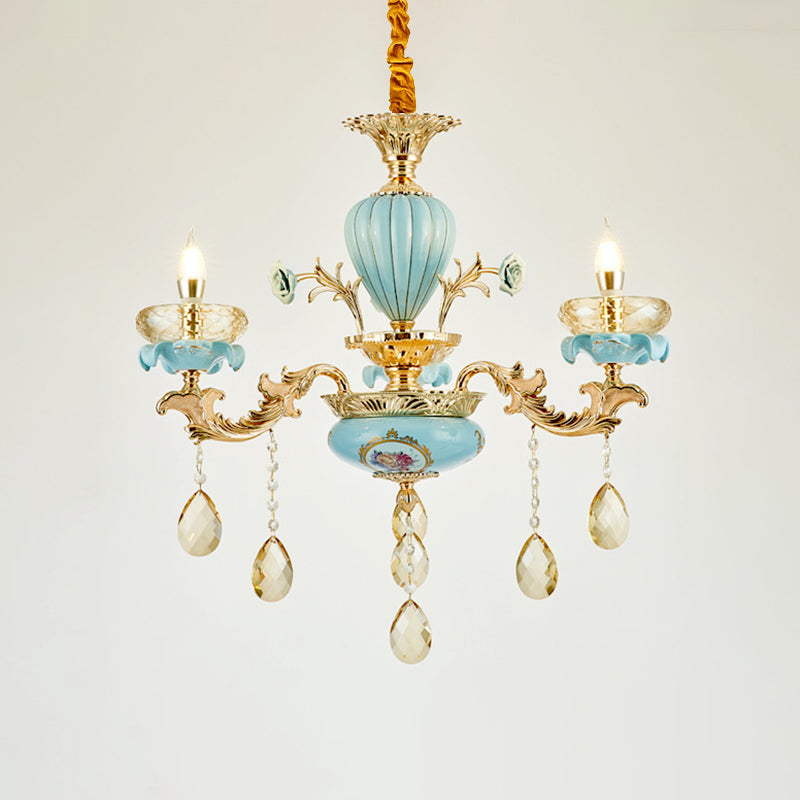 Blue Oblate Suspension Light Retro Style Faceted Crystal Living Room Chandelier Light with Draping Decor