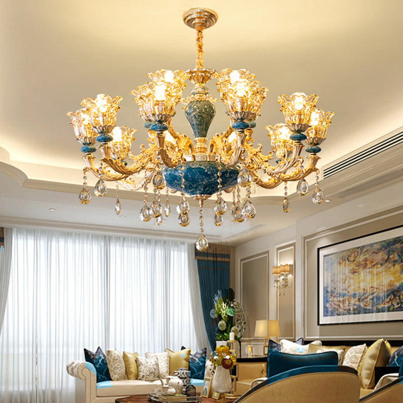 Flared Ruffle Glass Chandelier Pendant Light Vintage Living Room Hanging Light with Hanging Crystal in Gold