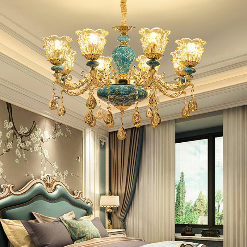 Flared Ruffle Glass Chandelier Pendant Light Vintage Living Room Hanging Light with Hanging Crystal in Gold