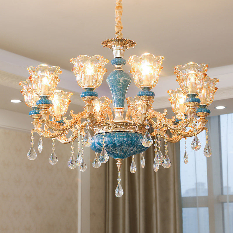 Ruffled Edge Living Room Chandelier Light Retro Handblown Glass Gold Pendant Light Fixture with Crystal Draping