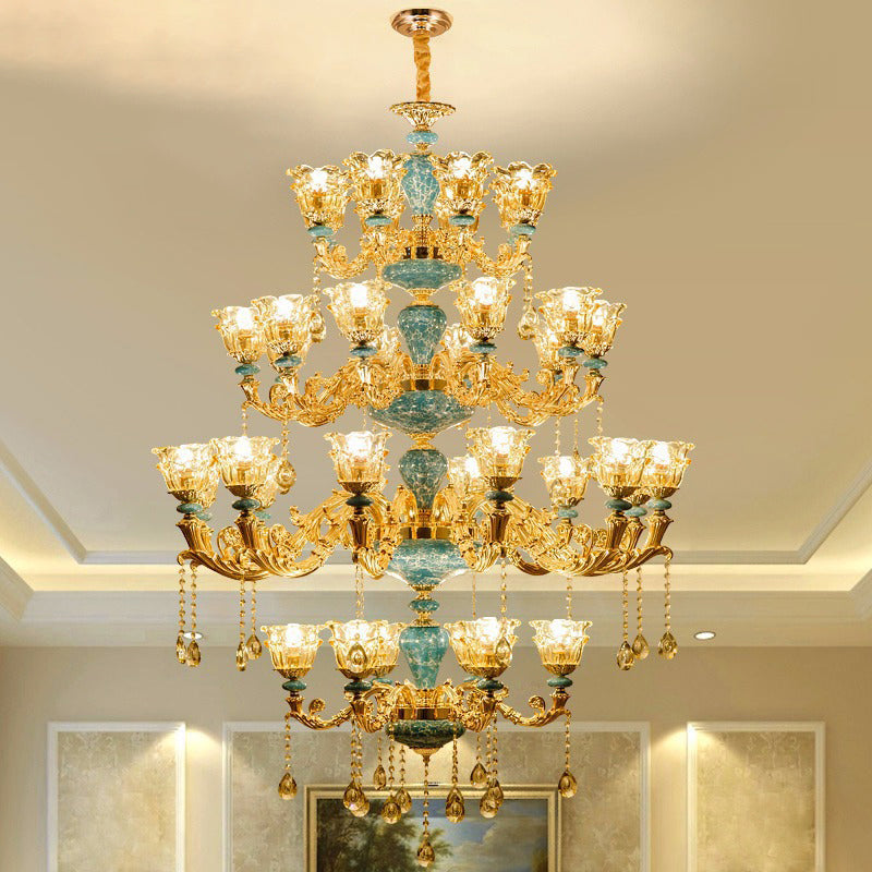 Ruffled Edge Living Room Chandelier Light Retro Handblown Glass Gold Pendant Light Fixture with Crystal Draping