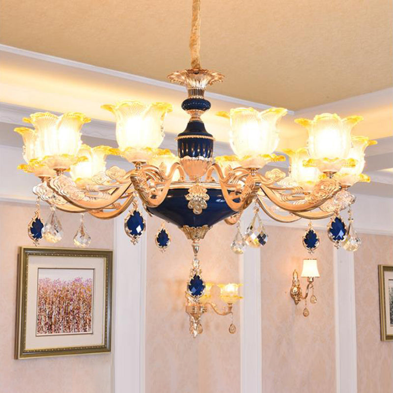 Gesneden glas bloemen suspensie licht retro stijl woonkamer kroonluchter licht met kristal accent