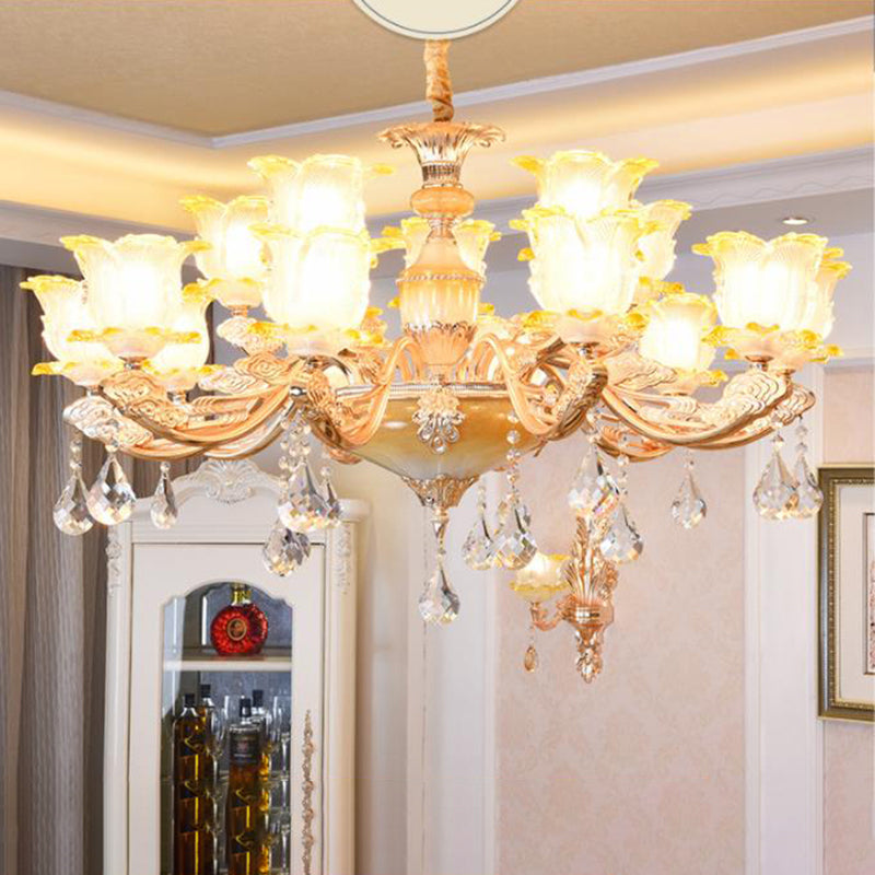 Gesneden glas bloemen suspensie licht retro stijl woonkamer kroonluchter licht met kristal accent
