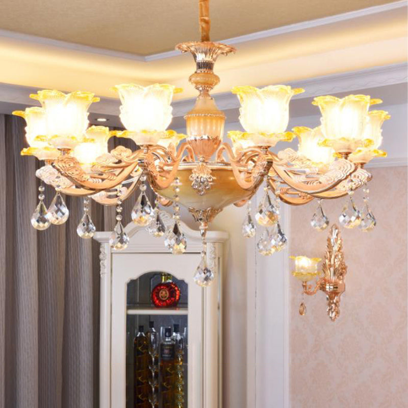 Gesneden glas bloemen suspensie licht retro stijl woonkamer kroonluchter licht met kristal accent