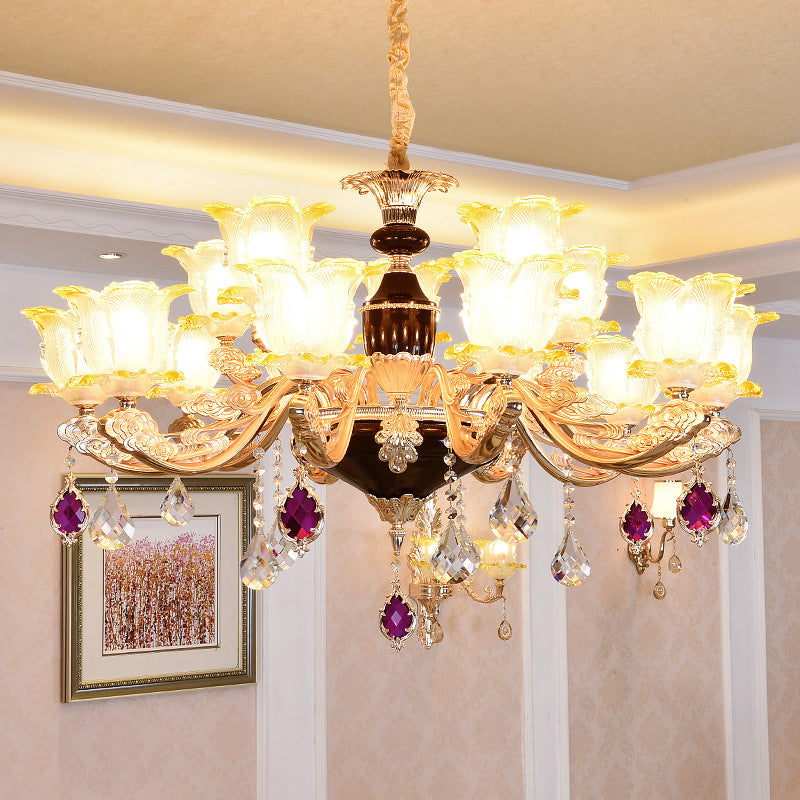 Gesneden glas bloemen suspensie licht retro stijl woonkamer kroonluchter licht met kristal accent