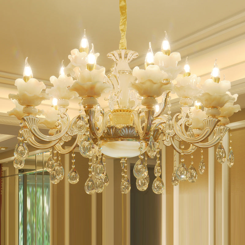 Gold Floral Ruffle Ceiling Lighting Traditional Jade Living Room Chandelier Light with Crystal Draping
