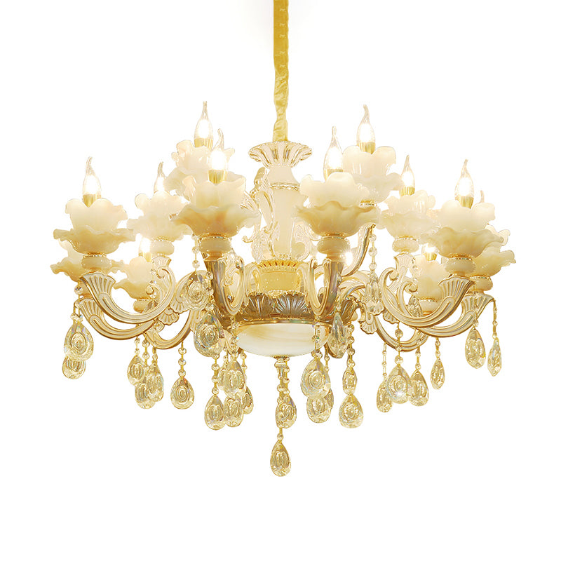 Gold Floral Ruffle Ceiling Lighting Traditional Jade Living Room Chandelier Light with Crystal Draping