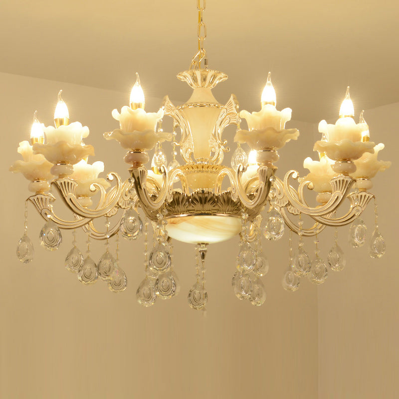 Gold Floral Ruffle Ceiling Lighting Traditional Jade Living Room Chandelier Light with Crystal Draping