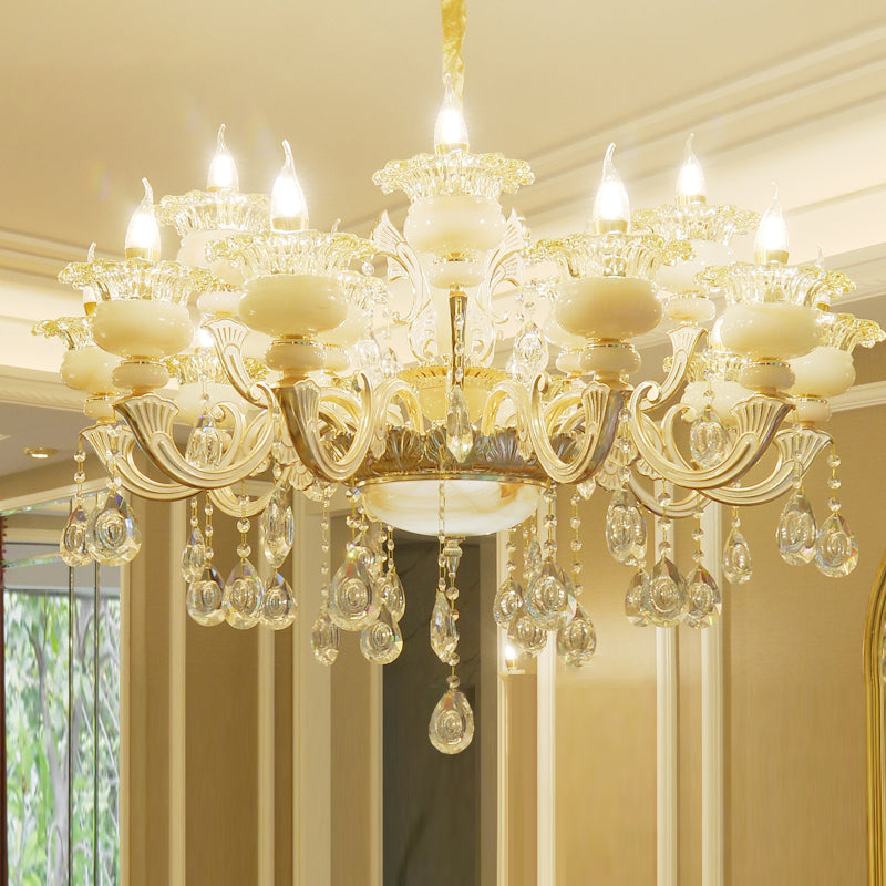 Gold Floral Ruffle Ceiling Lighting Traditional Jade Living Room Chandelier Light with Crystal Draping