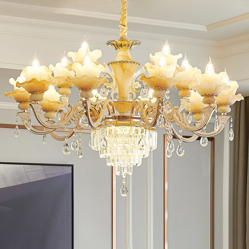 Gold Floral Ruffle Ceiling Lighting Traditional Jade Living Room Chandelier Light with Crystal Draping