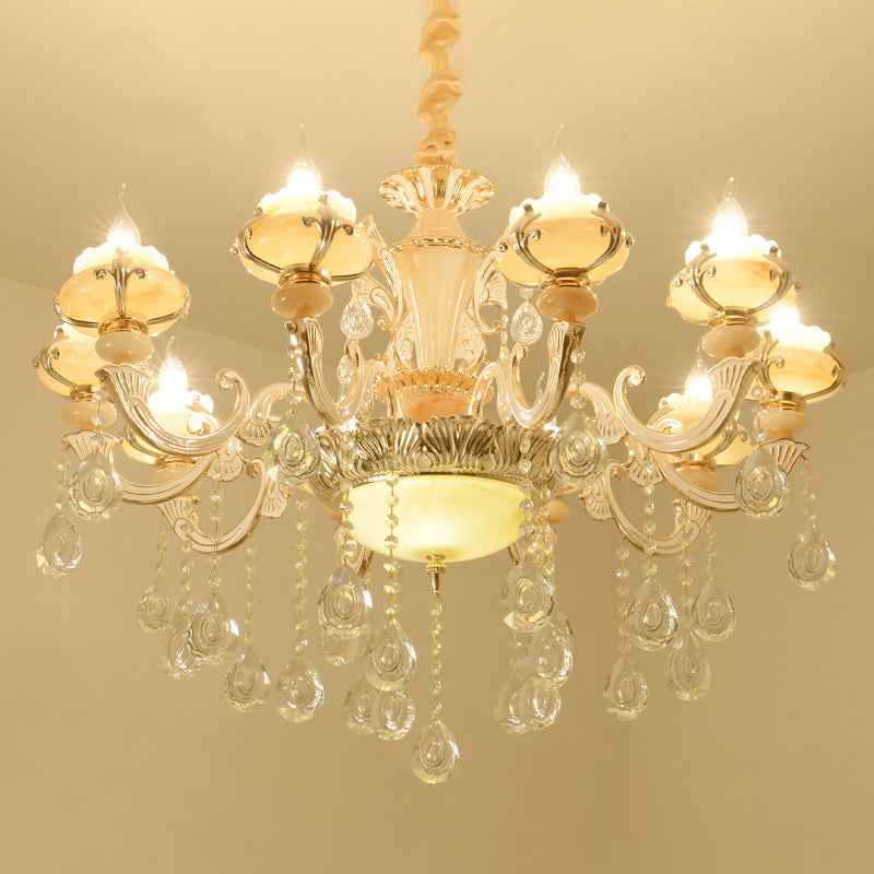 Gold Floral Ruffle Ceiling Lighting Traditional Jade Living Room Chandelier Light with Crystal Draping
