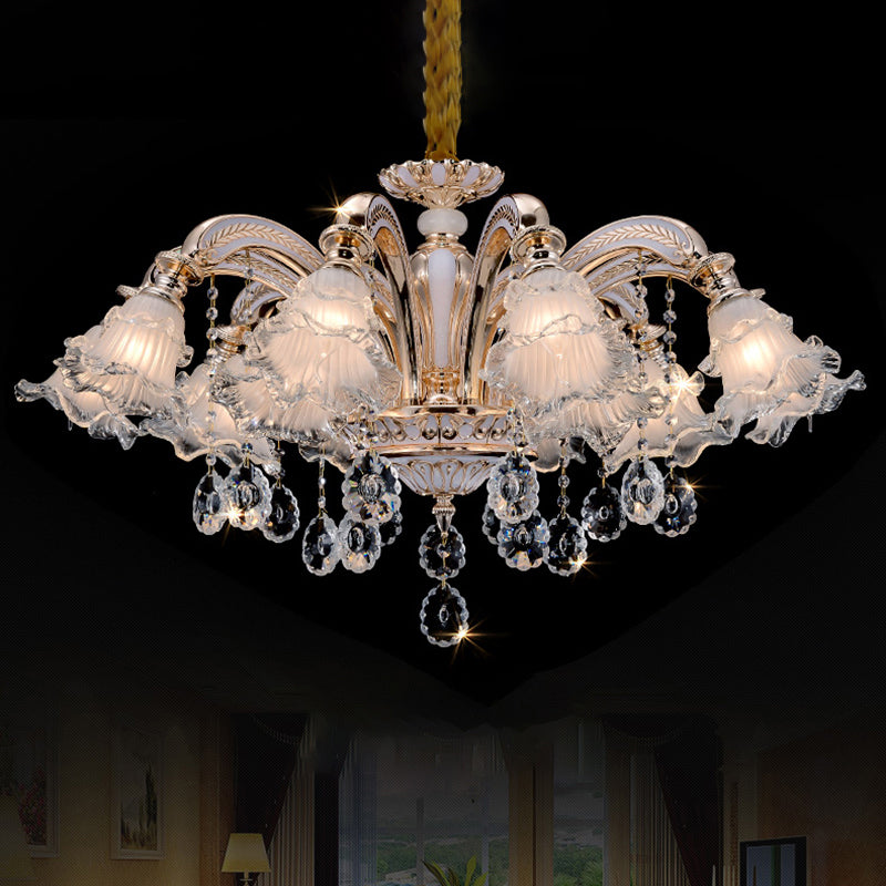 Vintage Floral Chandelier Pendant Light Ribbed Ruffle Glass Hanging Light with Crystal Accent