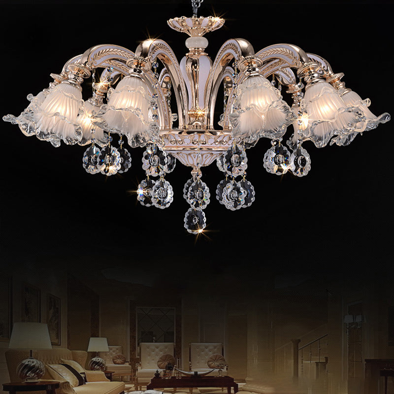 Vintage Floral Chandelier Pendant Light Ribbed Ruffle Glass Hanging Light with Crystal Accent