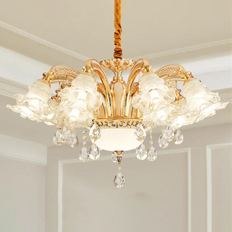 Vintage Floral Chandelier Pendant Light Ribbed Ruffle Glass Hanging Light with Crystal Accent