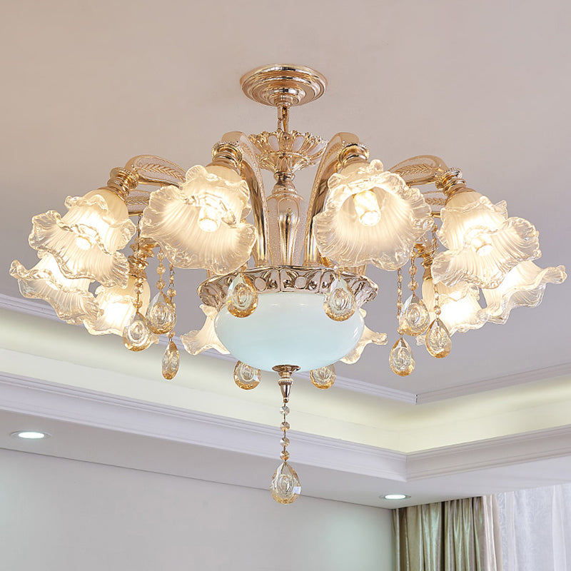 Vintage Floral Chandelier Pendant Light Ribbed Ruffle Glass Hanging Light with Crystal Accent