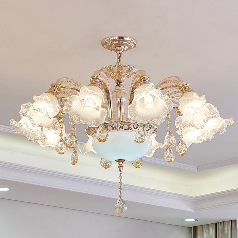 Vintage Floral Chandelier Pendant Light Ribbed Ruffle Glass Hanging Light with Crystal Accent