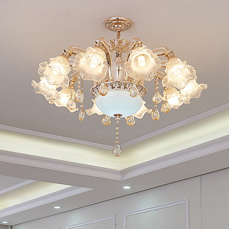 Vintage Floral Chandelier Pendant Light Ribbed Ruffle Glass Hanging Light with Crystal Accent