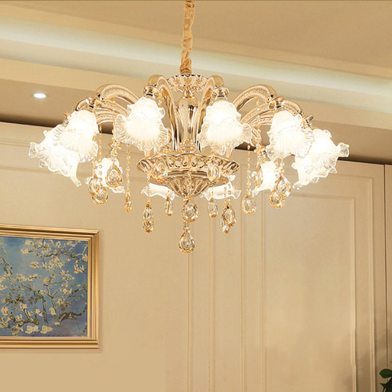 Flared Living Room Chandelier Lighting Classic Ruffle Glass Gold Pendant Light with Crystal Accent