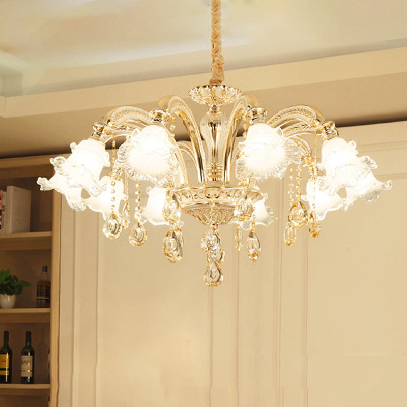Flared Living Room Chandelier Lighting Classic Ruffle Glass Gold Pendant Light with Crystal Accent