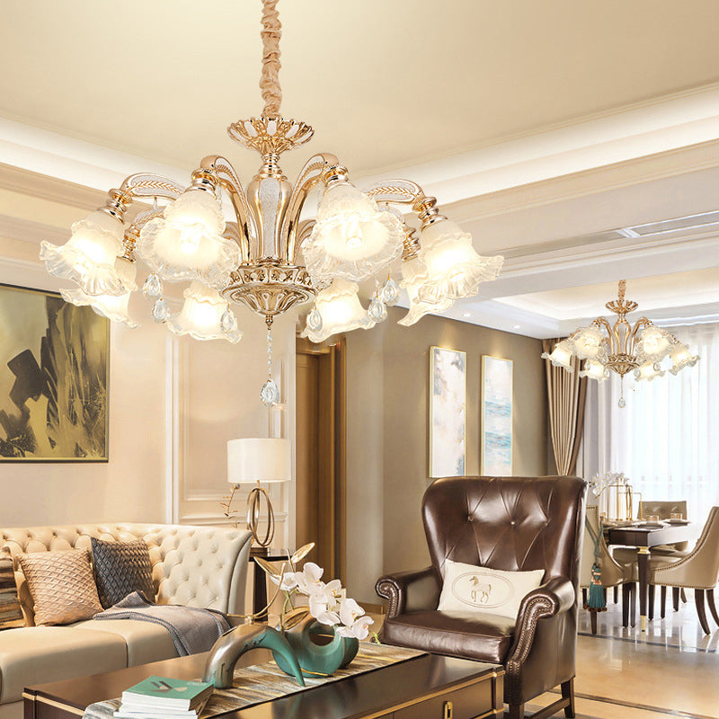 Flared Living Room Chandelier Lighting Classic Ruffle Glass Gold Pendant Light with Crystal Accent