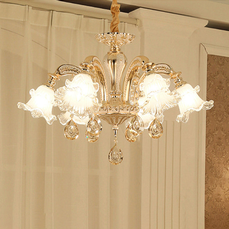 Flared Living Room Chandelier Lighting Classic Ruffle Glass Gold Pendant Light with Crystal Accent