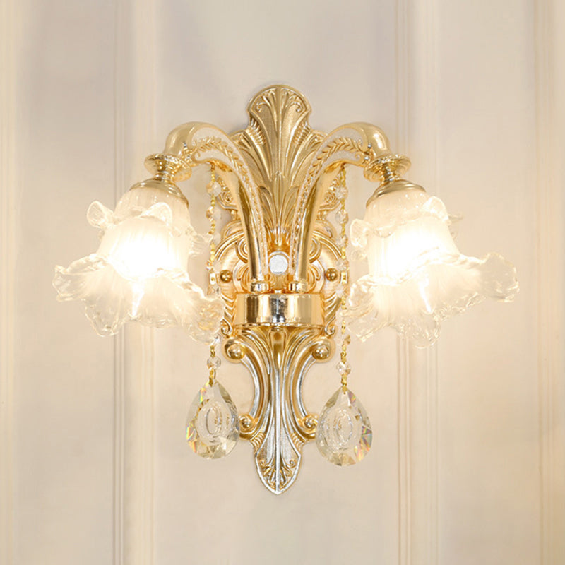Flared Living Room Chandelier Lighting Classic Ruffle Glass Gold Pendant Light with Crystal Accent
