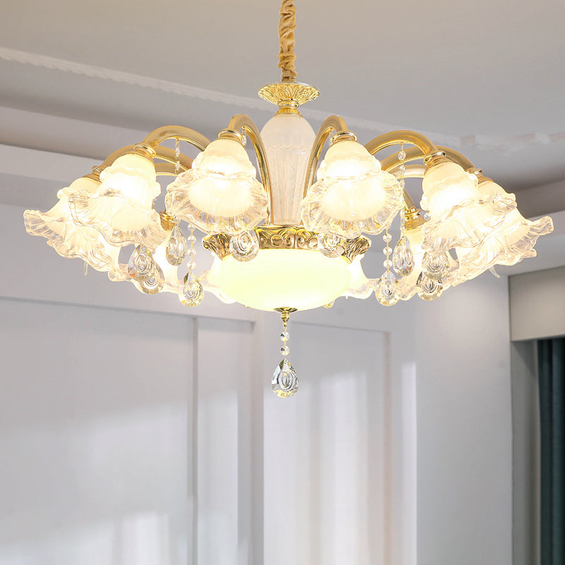 Gold Floral Shade Ceiling Lighting Traditional Ruffle Glass Living Room Chandelier Light with Crystal Draping