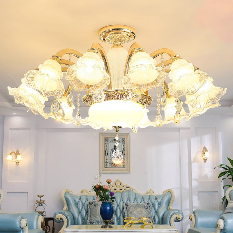 Gold Floral Shade Ceiling Lighting Traditional Ruffle Glass Living Room Chandelier Light with Crystal Draping