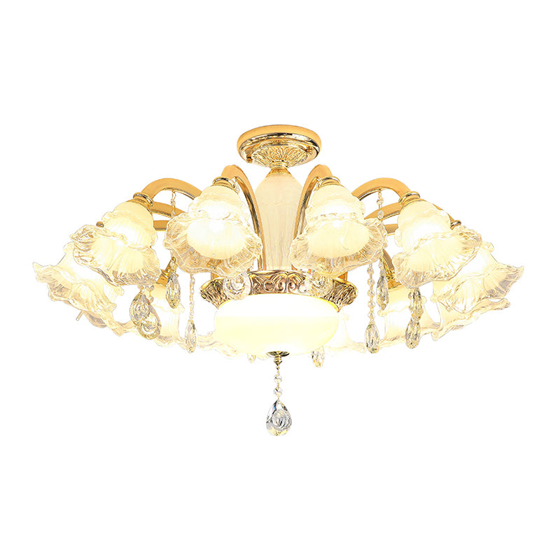 Gold Floral Shade Ceiling Lighting Traditional Ruffle Glass Living Room Chandelier Light with Crystal Draping