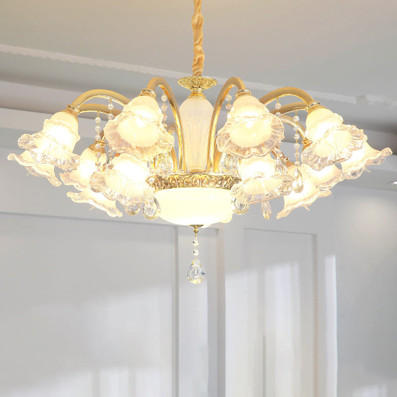 Gold Floral Shade Ceiling Lighting Traditional Ruffle Glass Living Room Chandelier Light with Crystal Draping