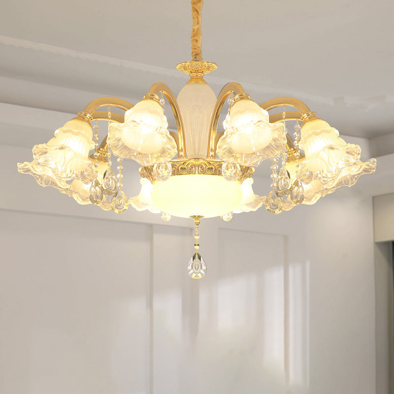 Gold Floral Shade Ceiling Lighting Traditional Ruffle Glass Living Room Chandelier Light with Crystal Draping