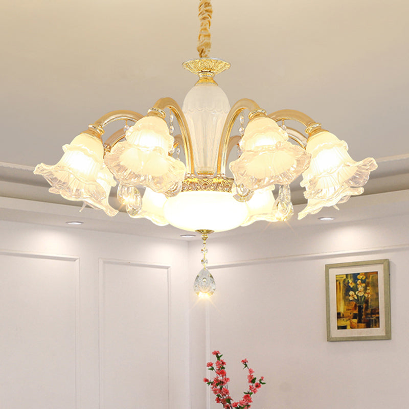 Gold Floral Shade Ceiling Lighting Traditional Ruffle Glass Living Room Chandelier Light with Crystal Draping