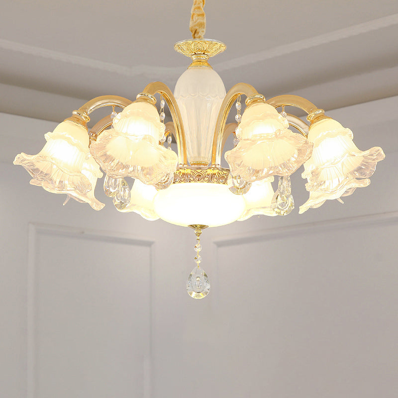 Gold Floral Shade Ceiling Lighting Traditional Ruffle Glass Living Room Chandelier Light with Crystal Draping