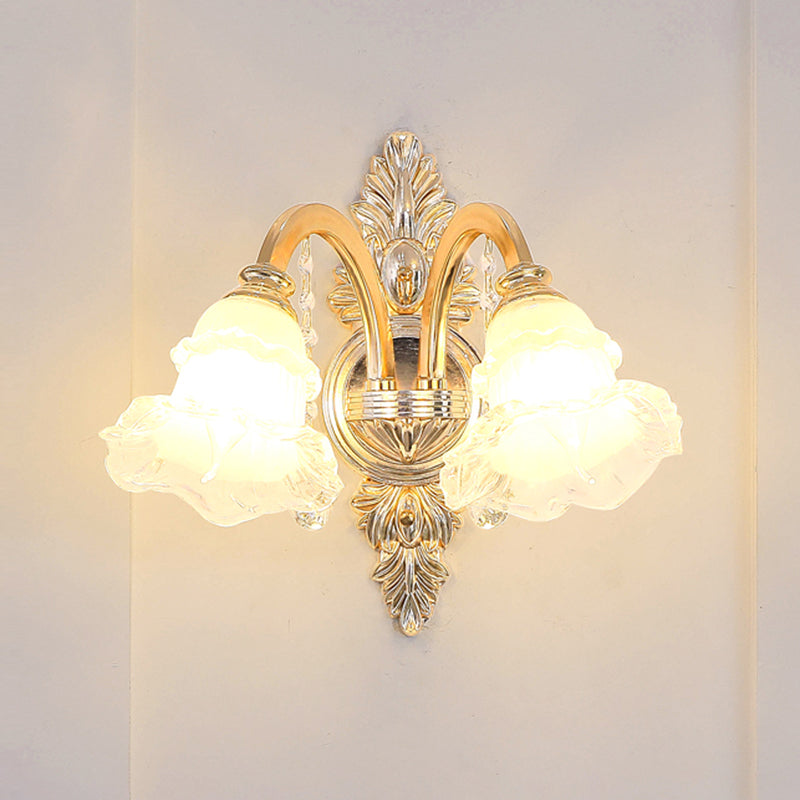 Gold Floral Shade Ceiling Lighting Traditional Ruffle Glass Living Room Chandelier Light with Crystal Draping