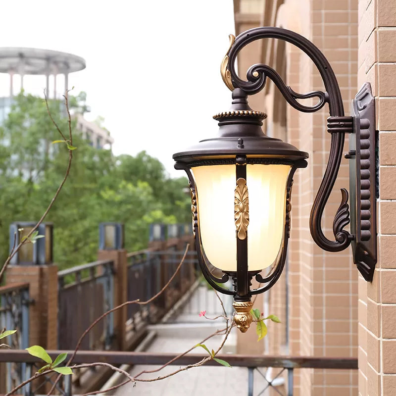 Vintage Bell Wall Light Fixture Single Frosted Rib Glass Wall Mounted Lamp in Coffee for Outdoor