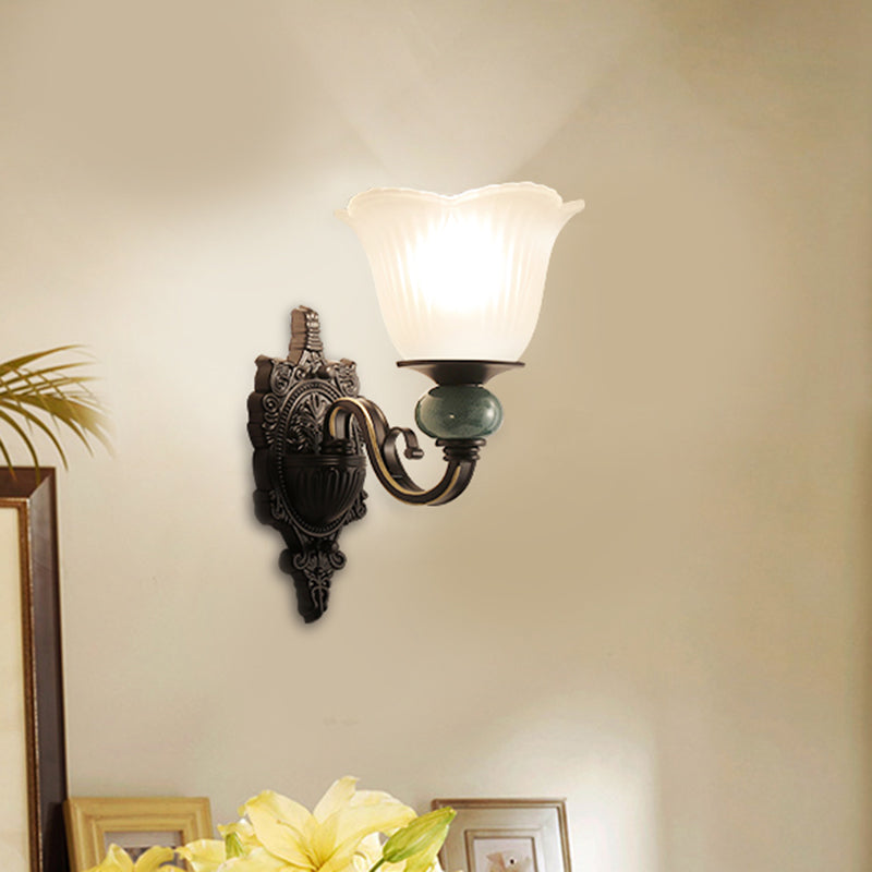 Ribbed Glass Floral Wall Lighting Retro Style Living Room Wall Mount Light in Black